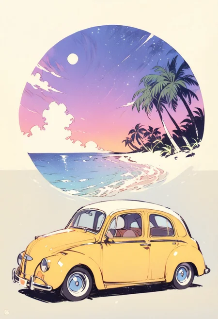 masterpiece, best quality, very aesthetic, absurdres, detailed background, magnificent view, detailed beautiful retro illust, logo, yellow retro car, Crystal clear sea, palm tree, twilight, starry sky, cloud,