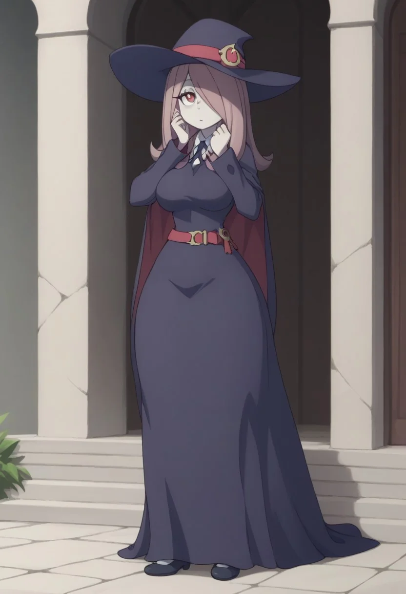 score_9, score_8_up, source_anime, highly detailed, 1girl, solo,
sucy, 1girl, hat, solo, witch hat, pale skin, red eyes, hair over one eye, long hair, witch, luna nova school uniform, full body, school uniform, belt, pink hair, cape, long skirt, very long skirt,
indoor, small waist, wide hips, thick thighs, bubble butt, huge breasts, full body, from the side, female character thinking, thinking pose. thinking pose, hand on chin, eyes looking up a little.