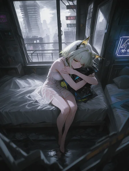 masterpiece,best quality,amazing quality,very aesthetic,absurdres,newest, kal'tsit (arknights),blurry,blurry foreground,by rella,Dark environment,from above,full body,1girl,solo,curl up in bed,arms around her knees,in room,one of Her arm covered her eyes,very sad,she has long and smooth eyelashes,sad crying,tears drop from her face,wet clothes,White nightdress,rainning outside,overcast sky,neon lights,lights,cyberpunk,windows,reflections,reflections,Neon lights outside the window,raindrops hitting the window at night,
, looking_at_viewer, <lora:USNR_STYLE_XL_lokr:1> <lora:ponyv4_noob1_2_adamW-000017:0.7>