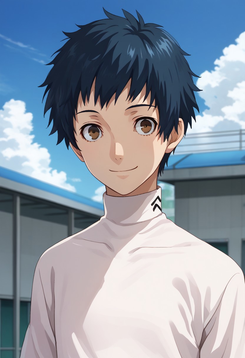 score_9, score_7_up, source_anime, 
mishima, 1boy, male focus, solo, brown eyes, blue hair, short hair, school uniform, shirt, white shirt, turtleneck, smile,
outdoor, sky