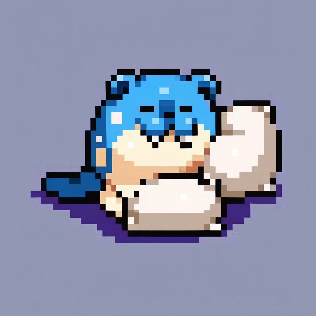 score_9, score_8_up, score_7_up, source_anime, BREAK, solo, looking at viewer, <lora:Leanboox-Sprite-Style-pdxl_Fp:1>, simple background, full body, pixel art, <lora:Spheal-pdxl_Fp:1>, sphealpk, pokemon \(creature\), fang, blue skin, sleeping, pillow,