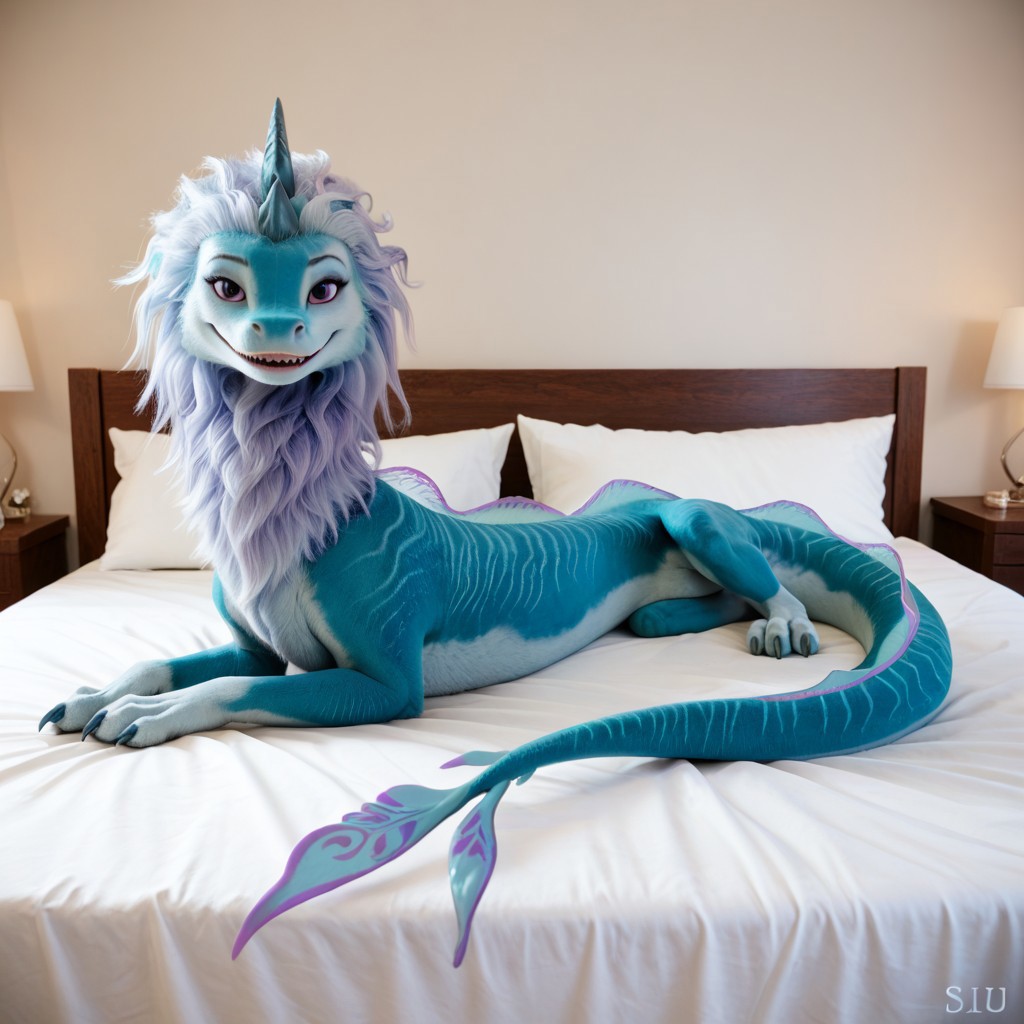core_9, score_8_up, score_7_up, score_6_up, masterpiece, high quality, realistic, detailed, best quality, 1girl, solo, rating_safe, source_furry, bedroom, smiling, seductive, looking at viewer, on bed, negative_hand, full body, feral, sisu_ratld, dragon, tail, claws, double horns, blueish purple hair, blue fur, back dorsal fins, purple eyes, female, 1girl, feral, long body, full body