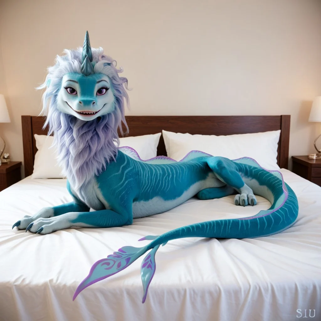 core_9, score_8_up, score_7_up, score_6_up, masterpiece, high quality, realistic, detailed, best quality, 1girl, solo, rating_safe, source_furry, bedroom, smiling, seductive, looking at viewer, on bed, negative_hand, full body, feral, sisu_ratld, dragon, tail, claws, double horns, blueish purple hair, blue fur, back dorsal fins, purple eyes, female, 1girl, feral, long body, full body