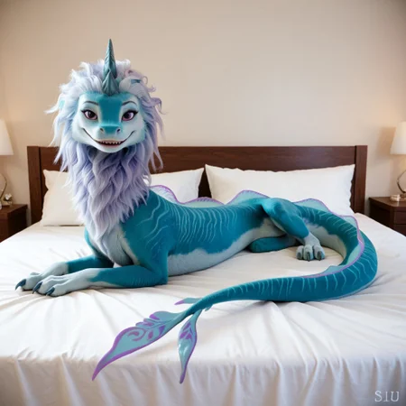 core_9, score_8_up, score_7_up, score_6_up, masterpiece, high quality, realistic, detailed, best quality, 1girl, solo, rating_safe, source_furry, bedroom, smiling, seductive, looking at viewer, on bed, negative_hand, full body, feral, sisu_ratld, dragon, tail, claws, double horns, blueish purple hair, blue fur, back dorsal fins, purple eyes, female, 1girl, feral, long body, full body