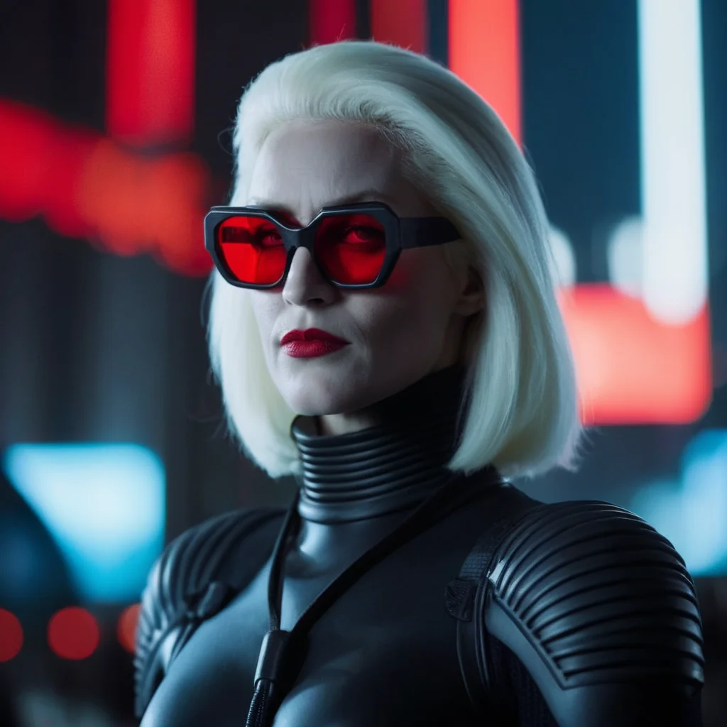 cinematic film still of <lora:Mr. Freeze:1.2>
Mr. Freeze a blonde woman in a black suit and red glasses In Gotham City, shallow depth of field, vignette, highly detailed, high budget, bokeh, cinemascope, moody, epic, gorgeous, film grain, grainy