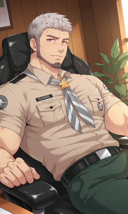 1boy, male focus, Goro, mature male, solo, looking at viewer, grey hair, closed mouth, facial hair, grey beard, pink eyes, hand hair, brown-grey shirt, short sleeves, green pants, black belt, grey neckerchief, shaded, sitting on a chair at the table, office chair, wooden wall, office, indoors plant, indoors, (masterpiece:1.35), (very aesthetic, best quality:1.3), detailed shading, detailed skin, realistic shading, highly detailed, intricate details, masterful composition, cinematic lighting, close-up, <lora:Goro_XL_V10_ILL:1>