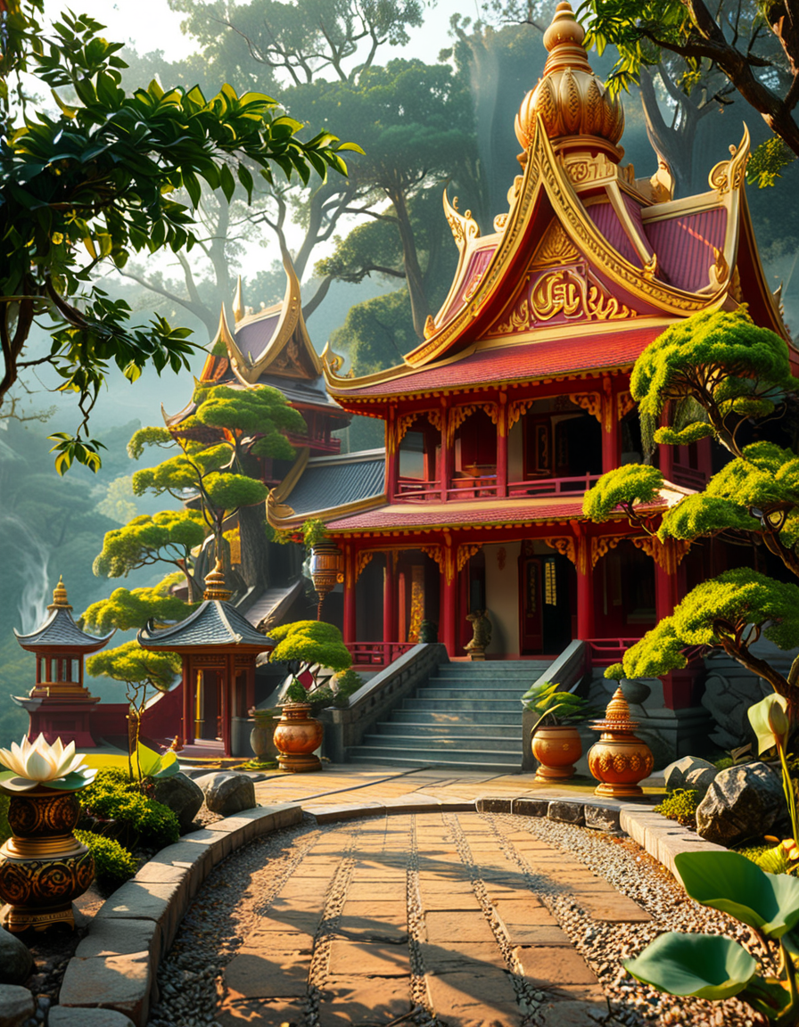 A majestic Buddhist temple nestled in a lush, misty mountain landscape. The temple features traditional curved rooftops with golden ornaments, intricate wooden carvings, and red and gold-painted walls. Large prayer flags in vibrant colors flutter in the wind, adding a spiritual atmosphere. A long stone staircase, partially covered in moss, leads to the main entrance, where a pair of large guardian statues stand watch. The scene is bathed in soft morning light, with gentle rays filtering through the mist, creating a serene and mystical ambiance. The background consists of towering green mountains and a sky with soft pastel hues. In the foreground, a Buddhist monk in deep orange robes walks peacefully along a stone pathway, holding a string of prayer beads. The overall composition conveys a sense of tranquility, spirituality, and harmony with nature.
<lora:SDXLFaeTastic2400:0.4> <lora:extremely_detailed:0.4> extremely detailed,<lora:Buddhist_t3mpl3:1>,Buddhist t3mpl3, Masterpiece,best quality,hi res,8k,hi res,8k,award winning,(sharp focus, intricate, highly detailed),