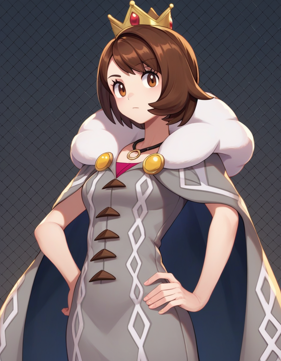 score_9,score_8_up,score_7_up, BREAK 1girl, standing, hand on own hip, hand up, contrapposto, , dark gray background, simple background, grid background, , cowboy shot, gloria \(pokemon\), brown eyes, brown hair, medium hair,
  emperor, royal outfit, royal cape, crown, fur trim, jewelry, necklace, golden ornaments ,