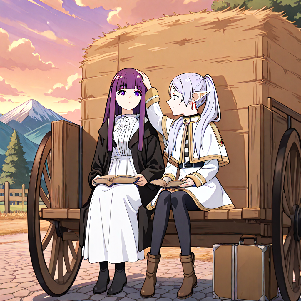 absurdres, sensitive, 2girls, frieren, fern, sitting, hay cart, hay, wagon, elf, grey hair, twintails, capelet, black pantyhose, purple hair, long hair, straight hair, white dress, long sleeves, robe, open book, holding book, suitcase, sky, cloud, tree, rural, fence, mountain, stone road, hand on another's head, headpat, sunset, smile, expressionless, profile, hands on lap, <lora:haycart_ilxl:1>