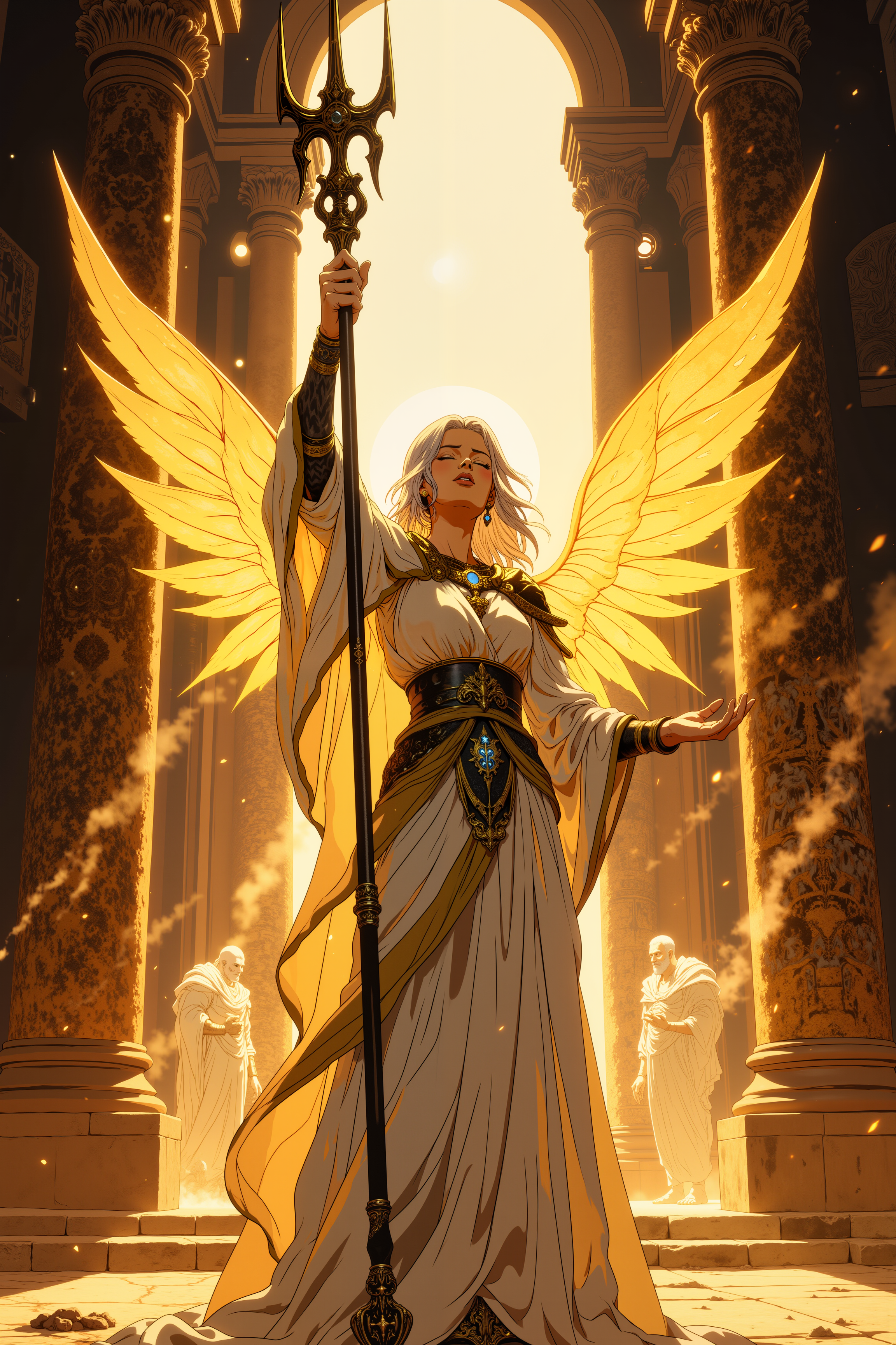 ne0nfant4sy, A radiant aasimar cleric, her silver hair flowing in waves down her back, holds a staff aloft as golden light pours from her open hands. Her pale, alabaster skin glows with an otherworldly aura, and her celestial blue eyes burn with divine purpose. Her flowing robes, white and gold with intricate celestial designs, billow around her as if caught in a breeze that only she can feel. A pair of ethereal wings spread behind her, shimmering with soft light, casting a warm glow on the stone floor beneath her. Her staff is adorned with glowing sigils that pulse in rhythm with the light from her hands, amplifying the healing energy that radiates outward. Around her, faint, ghostly images of long-passed warriors appear, their spirits lifted by her divine magic, their translucent forms glowing with renewed strength. The walls of the temple around her are lined with ancient, golden mosaics, and beams of sunlight pierce through the high, arched windows, illuminating the dust-filled air. Her expression is one of serene concentration, eyes closed as she channels the power of the heavens. In this moment, she is the embodiment of light, peace, and holy retribution.<lora:RetroAnimeFluxV1:0.5><lora:NeonFantasyFLUX:0.3>