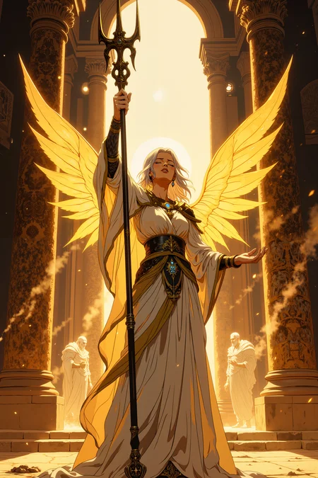 ne0nfant4sy, A radiant aasimar cleric, her silver hair flowing in waves down her back, holds a staff aloft as golden light pours from her open hands. Her pale, alabaster skin glows with an otherworldly aura, and her celestial blue eyes burn with divine purpose. Her flowing robes, white and gold with intricate celestial designs, billow around her as if caught in a breeze that only she can feel. A pair of ethereal wings spread behind her, shimmering with soft light, casting a warm glow on the stone floor beneath her. Her staff is adorned with glowing sigils that pulse in rhythm with the light from her hands, amplifying the healing energy that radiates outward. Around her, faint, ghostly images of long-passed warriors appear, their spirits lifted by her divine magic, their translucent forms glowing with renewed strength. The walls of the temple around her are lined with ancient, golden mosaics, and beams of sunlight pierce through the high, arched windows, illuminating the dust-filled air. Her expression is one of serene concentration, eyes closed as she channels the power of the heavens. In this moment, she is the embodiment of light, peace, and holy retribution.<lora:RetroAnimeFluxV1:0.5><lora:NeonFantasyFLUX:0.3>