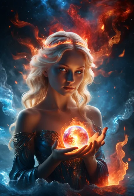 silhouette of a cosmic goddess, blonde hair, blue red eyes, holding elements inside her hand, (masterpiece, best quality, highly detailed,4k, HD, artstation), (magical, air, fire, water, earth:1.2), (composed of fire elements:1.0)