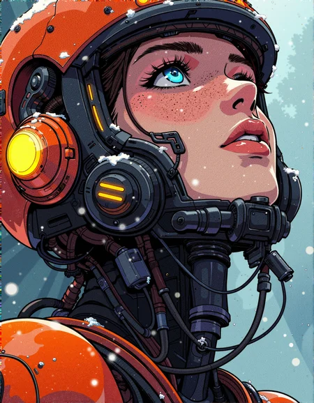 hyper-detailed, modernretroanime, Anime, mature female, thick lips, long eyelashes, makeup,
1A female sci-fi pioneer in a futuristic helmet with glowing orange accents, her freckled face partially revealed through cracks in the faceplate. The exosuit she wears is a mix of weathered black metal and vibrant neon orange details, with visible wiring and intricate mechanical components. Snowflakes cling to the surface of her suit as she gazes upward, her eyes glowing faintly blue in contrast to the dim, cold lighting of her environment. The mood evokes resilience and mystery, set against a backdrop of fog and falling snow. <lora:MelkorMancin-FLUX:0.4> <lora:RetroAnimeFluxV1:0.6>