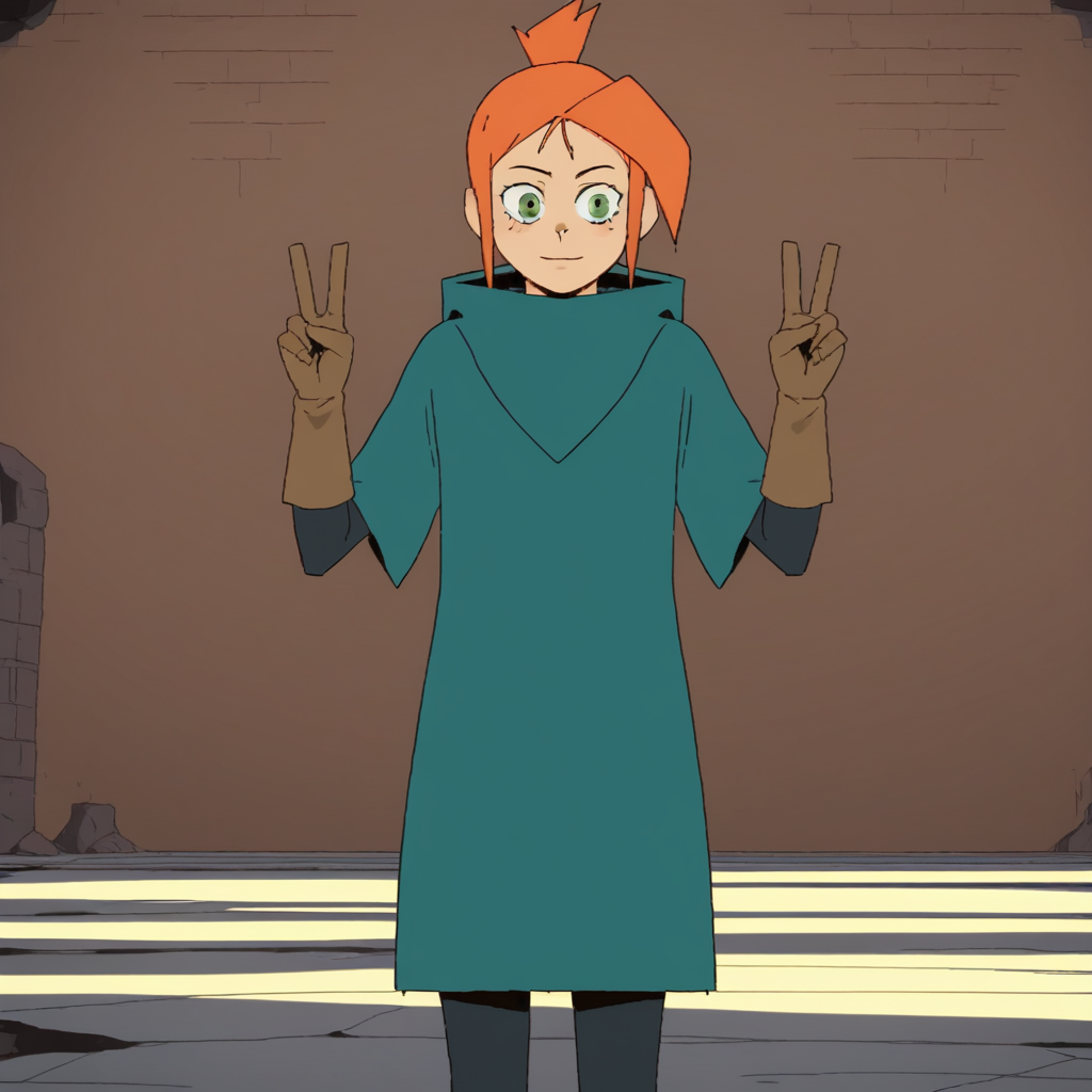 score_9_up, score_8_up, BREAK, LaureEsposito, 1girl, solo, orange hair, green eyes,  cloak, gloves, cowboy shot, double v,  <lora:LaureEsposito_DeadCells_PXL_Leaf1:1>, indoors,