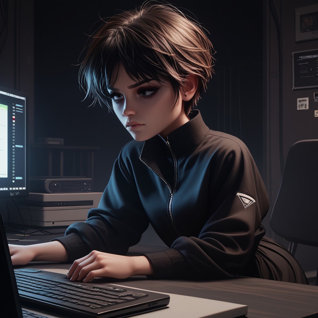 score_9, score_8_up, score_7_up, score_6_up, score_5_up, score_4_up, rating_questionable, 1girl, EvelynD, dark room, computers, tvs, black jumpsuit, short hair