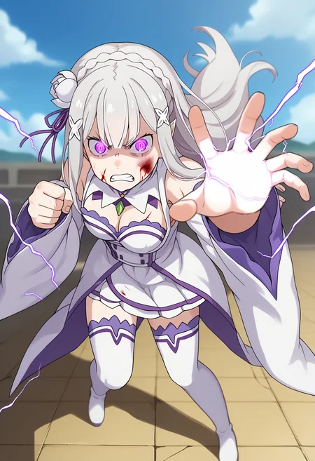 score_9, score_8_up, score_7_up, source_anime,
BREAK
<lora:shiEmiliaV2:1> shimilia, long hair, grey hair, purple eyes, pointy ears, crown braid, hair flower, hair ribbon, purple ribbon, x hair ornament, white dress, cleavage, bare shoulders, wide sleeves, white thighhighs, thigh boots,
<lora:shiMotionSupportV1:1>,
shimotiondef, shicomicsupport, motion blur, motion lines, speed lines,
punching, scar, blood on face, bruise, fighting stance, injury, messy hair, eye trail, light trail,
clenched hand, angry, torn clothes, shaded face, glowing eyes,
full body, sky, pants, day, cloud, blue sky, flying,
clenched teeth, serious, sweatdrop,
film grain, depth of field, electricity, chromatic aberration, veins, blurry,
looking at viewer, pov, open mouth,