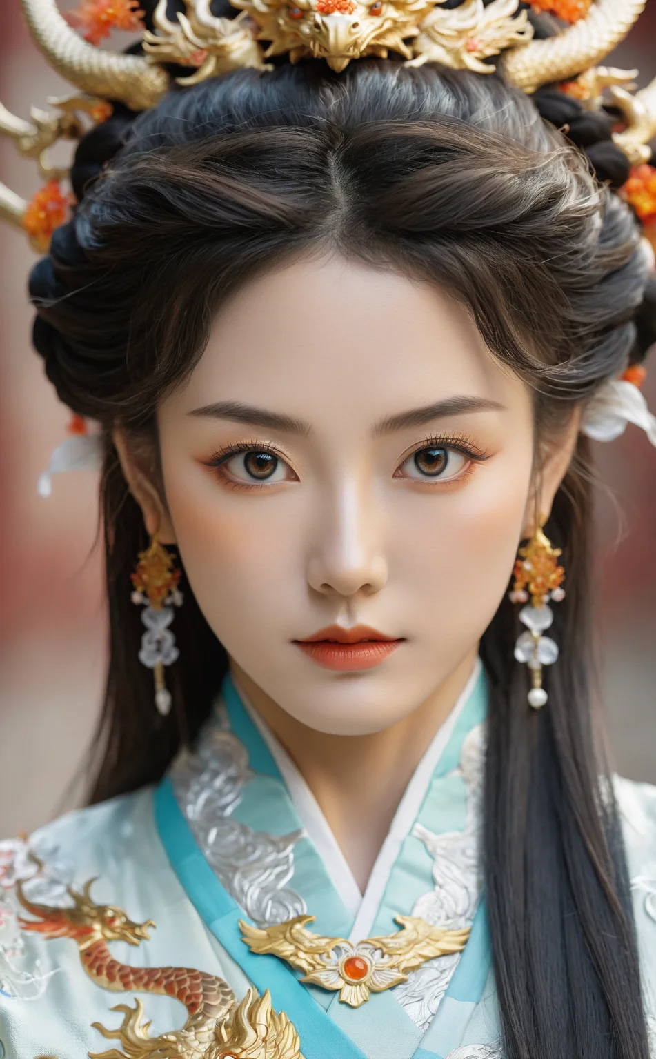 (((fantasy masterpiece:1.5))), (best quality:1.5), (ultra detailed face, ultra detailed eyes, detailed mouth, detailed body, detailed hands, ultra detailed clothes, detailed background:1.5), (aesthetic + beautiful + harmonic:1.5), (symmetrical intricate details + sharpen symmetrical details) | (((close up of dignified female martial artist with luscious hair and bright eyes, she wears an elegant hanfu while walks beside her dragon friend:1.5))