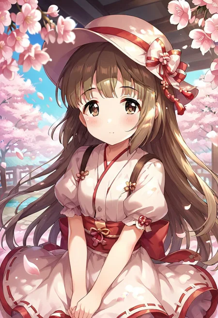 score_9, score_8_up, score_7_up, source_anime,yorita yoshino, brown hair, brown eyes, long hair, 1girl, hat, solo, petals, looking at viewer, cherry blossoms, short sleeves, blush, puffy sleeves, puffy short sleeves, bow, :o