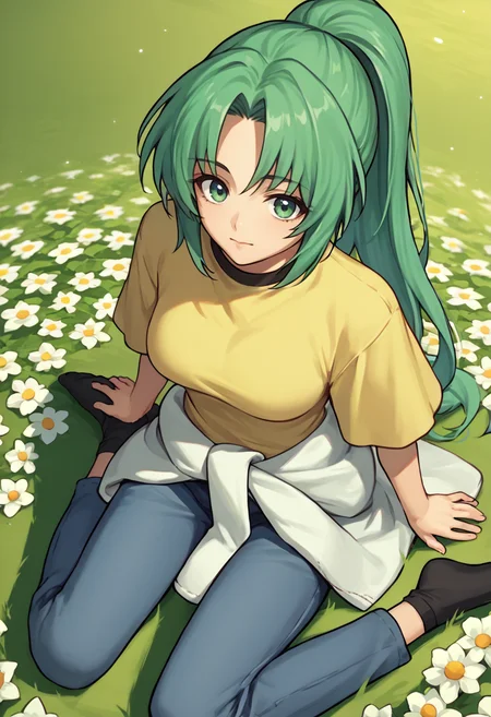 score_9, score_8_up, score_7_up, source_anime,  1girl, kneeling, spread legs, looking at viewer, from above,      <lora:Wariza 2-000007:1>  <lora:MionCAME2:1> Mion Sonozaki, green eyes, ponytail, green hair,  yellow T-shirt,white clothes around waist, jeans, socks, flower field,