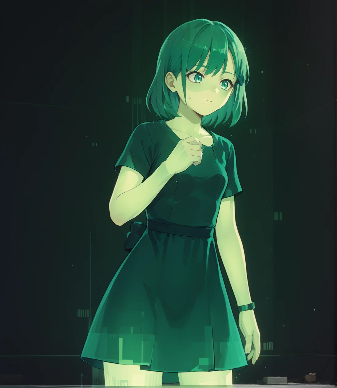 score_9,score_8_up,score_7_up,score_6_up, source anime BREAK,
1girl, solo,
green hologram, holographic girl, glowing,
cowboy shot, dress, medium hair,
<lora:hologram_v1_0_c16:1>