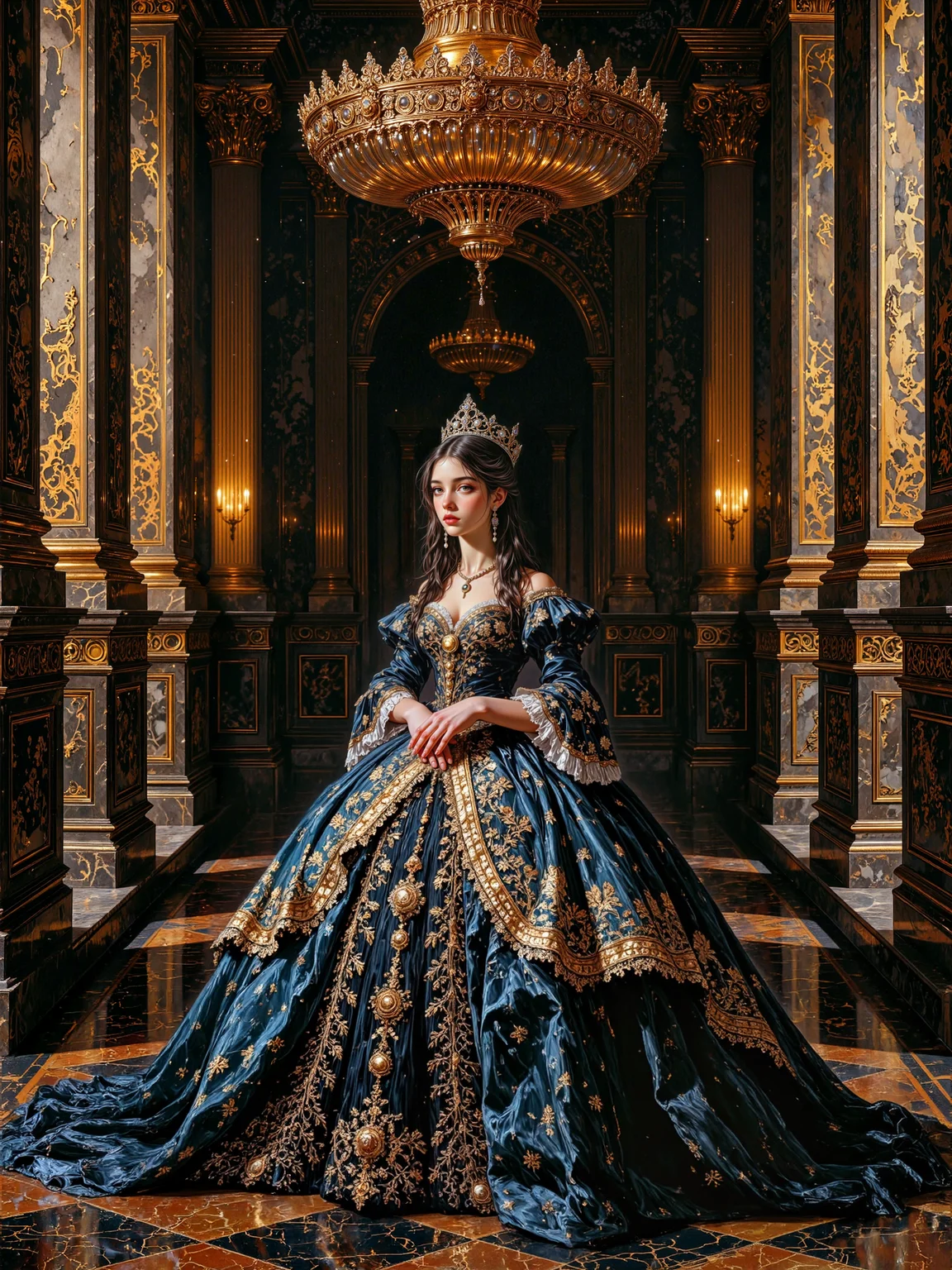 masterpiece, symmetrical interior, highly detailed background, highest quality, oil painting, traditional media, refined details, hyper-realistic, a masterful court portrait painting in the tradition of 19th-century european aristocracy influenced by romanticism and rembrandt-style lighting, the subject is a stunningly beautiful princess posed with grace and poise, she wears a regal gown of black and royal blue velvet, its bodice embroidered with golden floral motifs and shimmering sequins, the neckline is gently off-shoulder, revealing a graceful collarbone, while the wide skirt flows in layered folds trimmed with intricate lace, the fabric catches the light with a subtle sheen, emphasizing depth, movement, and rich texture, her long jet black hair falls in soft waves, adorned with a finely detailed tiara set with pearls and diamonds, matching pearl earrings complete the ensemble, adding refinement and symmetry, her posture is composed and noble, hands gently clasped, with a slight regal smile and eyes averted in classic portrait fashion, the setting is a grand marble ballroom at night, vast and symmetrical, polished black and gold-veined flooring gleams beneath a single immense chandelier, its crystal ornaments cast delicate flecks of golden light across marble and molding, shaping space through luminance, a few steps behind her, ornate golden columns frame arched alcoves and sculpted walls, the ambient glow from the chandelier creates a natural vignette of shadow and light, isolating her figure and emphasizing presence, the composition is a formal full-body portrait from a slightly low angle, designed to convey dignity and nobility, the lighting is soft and directional - rembrandt-style chiaroscuro enhances her face, posture, and gown, golden highlights dance across velvet, embroidery, and jewels, while cooler shadows envelop the architecture in painterly gloom, the textures are hyper-detailed and harmonious: silk, metal, skin, lace, and marble rendered with care, deep blacks, rich golds, and cool sapphire tones dominate the palette, the atmosphere is warm, intimate, and noble - an homage to oil-on-panel portraiture from the romantic era, ovg, <lora:style-franz_xaver_winterhalter-flux-by_tangbohu:0.48> <lora:epic_gorgeous_details-balance-flux-by_flyway:0.64> <lora:style-rembrandt-flux-by_tangbohu:0.84>