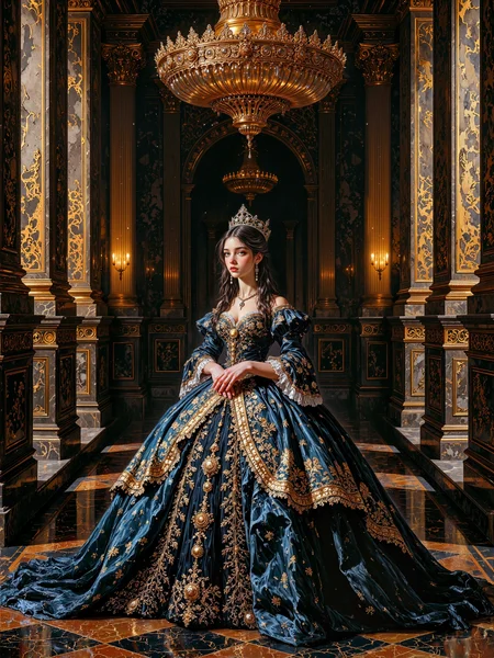 masterpiece, symmetrical interior, highly detailed background, highest quality, oil painting, traditional media, refined details, hyper-realistic, a masterful court portrait painting in the tradition of 19th-century european aristocracy influenced by romanticism and rembrandt-style lighting, the subject is a stunningly beautiful princess posed with grace and poise, she wears a regal gown of black and royal blue velvet, its bodice embroidered with golden floral motifs and shimmering sequins, the neckline is gently off-shoulder, revealing a graceful collarbone, while the wide skirt flows in layered folds trimmed with intricate lace, the fabric catches the light with a subtle sheen, emphasizing depth, movement, and rich texture, her long jet black hair falls in soft waves, adorned with a finely detailed tiara set with pearls and diamonds, matching pearl earrings complete the ensemble, adding refinement and symmetry, her posture is composed and noble, hands gently clasped, with a slight regal smile and eyes averted in classic portrait fashion, the setting is a grand marble ballroom at night, vast and symmetrical, polished black and gold-veined flooring gleams beneath a single immense chandelier, its crystal ornaments cast delicate flecks of golden light across marble and molding, shaping space through luminance, a few steps behind her, ornate golden columns frame arched alcoves and sculpted walls, the ambient glow from the chandelier creates a natural vignette of shadow and light, isolating her figure and emphasizing presence, the composition is a formal full-body portrait from a slightly low angle, designed to convey dignity and nobility, the lighting is soft and directional - rembrandt-style chiaroscuro enhances her face, posture, and gown, golden highlights dance across velvet, embroidery, and jewels, while cooler shadows envelop the architecture in painterly gloom, the textures are hyper-detailed and harmonious: silk, metal, skin, lace, and marble rendered with care, deep blacks, rich golds, and cool sapphire tones dominate the palette, the atmosphere is warm, intimate, and noble - an homage to oil-on-panel portraiture from the romantic era, ovg, <lora:style-franz_xaver_winterhalter-flux-by_tangbohu:0.48> <lora:epic_gorgeous_details-balance-flux-by_flyway:0.64> <lora:style-rembrandt-flux-by_tangbohu:0.84>