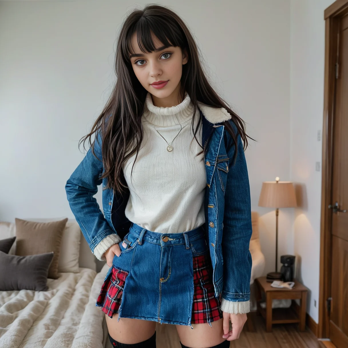 A cinematic full-length image of Charlotte shot from mid height,
(((Watching a movie, entertained and relaxed ))), 
<lora:Charlotte_XL:1.0> , slim face, perfect face, very slim face, perfect hands, long hair, black_hair, bangs, red eyes, brunette female, ((sexy)), 8k, professional, award winning photography, twitchstreamer, aesthetic photo, white skin woman, showing her body, slim face, ((full-length)), showing her whole body, perfect face, ((extremely detailed face)), the most beautiful face, 
 slim face,during a Rainy Day  in the winter, 
(wearing Sherpa lined denim jacket, Turtleneck sweater, Plaid mini skirt, Ankle socks, Sneakers ), 
<lora:add-detail-xl:1.6>, <lora:RMSDXL_Enhance:1.2>, <lora:MJ52:0.4>
