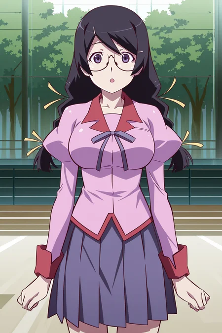 anime screencap, anime coloring, detailed face, masterpiece, best quality, very aesthetic, absurdres, volumetric lighting, official style, amazing quality, ultra detailed,  highres, amazing quality, scenery, beautiful detailed hair, beautiful detailed eyes, defined fingers
<lora:StS-Illustrious-Detail-Slider-v1.0:4>
<lora:Tsubasa_Hanekawa_and_Black_Hanekawa_Monogatari_Series_-_Illustrious_V2:1>
outdoors,
Tsubasa pink uniform (outfit), 1girl, solo, naoetsu high school uniform, hanekawa tsubasa, school uniform, glasses, long hair, braid, black hair, twin braids, purple eyes, large breasts, puffy sleeves, juliet sleeves, :O, surprised, cowboy shot, looking at the viewer