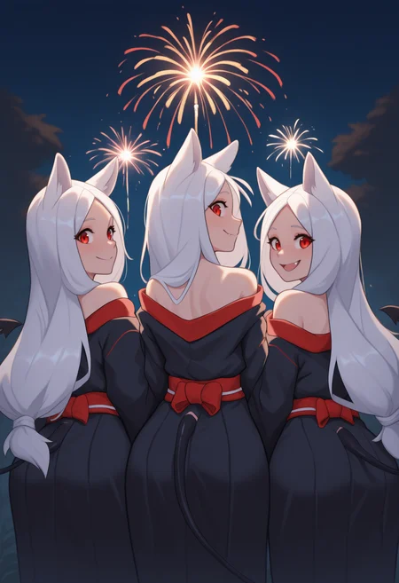 anime, masterpiece, best quality, newest, from behind, 3girls, triplets, cerb3rus, black tail, demon tail, fang, happy, smile, looking back, long hair, white hair, parted bangs, animal ears, red eyes, matching outfits, japanese clothes, black kimono, off shoulder, red sash, bare shoulders, outdoors, night, fireworks
<segment:yolo-face_yolov8m.pt,0.4,0.5//cid=1>