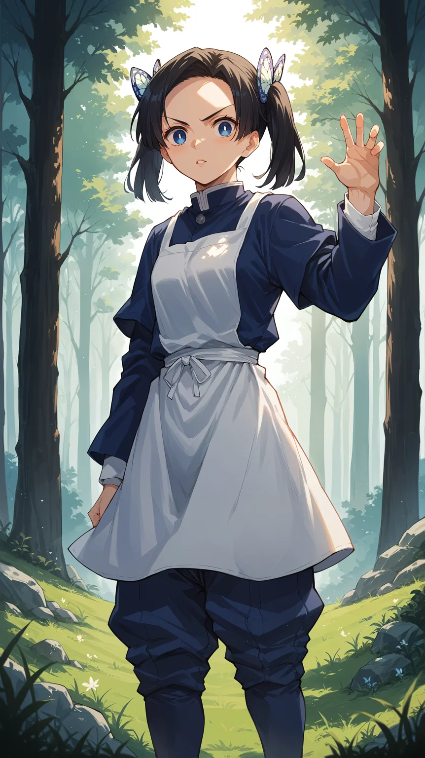 score_9,score_8_up,score_7_up,score_6_up, source_anime, zPDXL3, <lora:xl_more_art-full_v1:0.5>, girl, dynamic pose, standing in an s-shape, <lora:Aoi Kanzaki - Pony-000004:0.8>, black hair, short twintails, blue eyes, butterfly hair ornament, hair ornament, blue jacket, blue pants, white apron, forest light rays, grass,