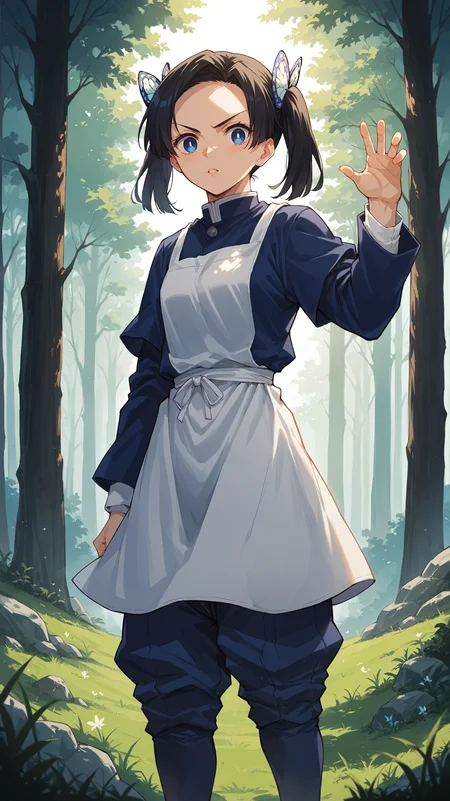 score_9,score_8_up,score_7_up,score_6_up, source_anime, zPDXL3, <lora:xl_more_art-full_v1:0.5>, girl, dynamic pose, standing in an s-shape, <lora:Aoi Kanzaki - Pony-000004:0.8>, black hair, short twintails, blue eyes, butterfly hair ornament, hair ornament, blue jacket, blue pants, white apron, forest light rays, grass,