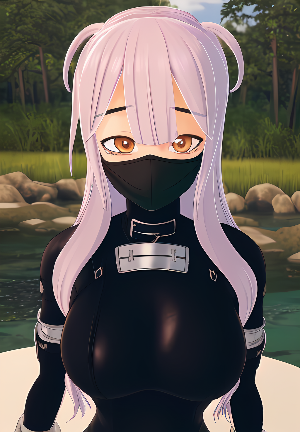 <lora:konoichi_chiyome:0.8>, konoichi_chiyome, 1girl, solo, smile, ninja, bodysuit, fishnets, face mask, (seductive, alluring, charming:1.3), (highly detailed, high quality:1.3)