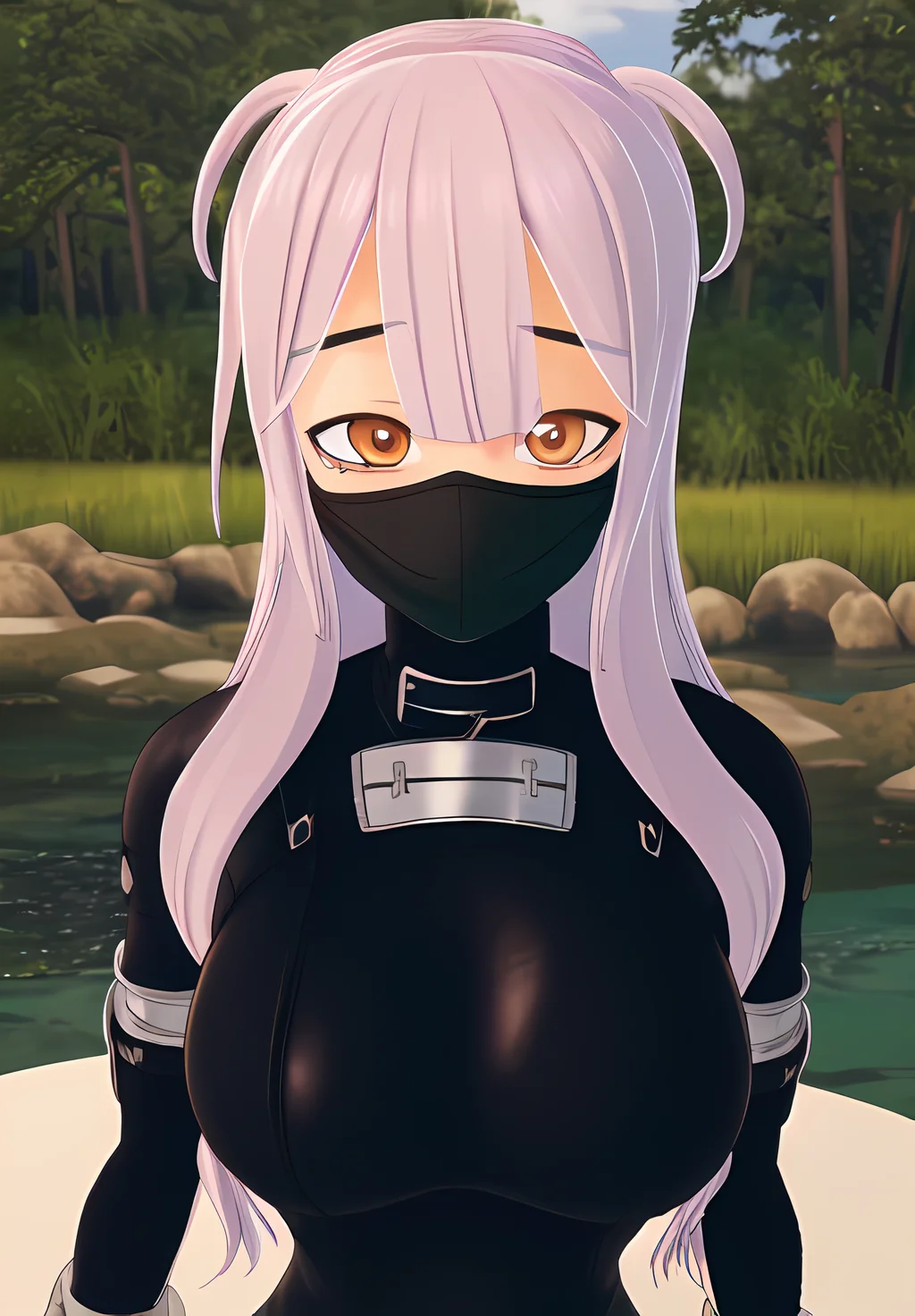 <lora:konoichi_chiyome:0.8>, konoichi_chiyome, 1girl, solo, smile, ninja, bodysuit, fishnets, face mask, (seductive, alluring, charming:1.3), (highly detailed, high quality:1.3)