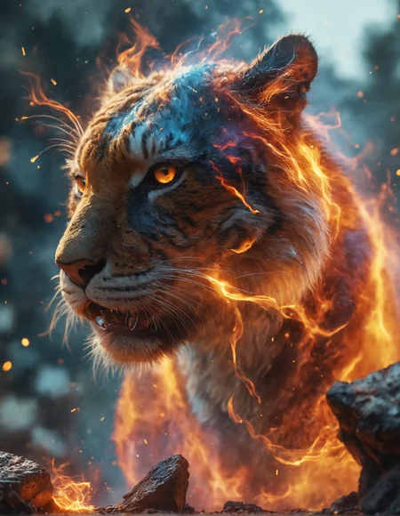 high fantasy, mythical, mysterious, sense of depth, blurred background, iridescent, rainbow, vivid, colorful, highly detailed, diffuse, diffusion, glowing, light reflection, transparent, multidimensional, chromatic, sfx, chroma, gradient, This stunning image is rendered in insanely high resolution, realistic, 8k, HD, HDR, XDR, focus + sharpen + wide-angle 8K resolution + HDR10 Ken Burns effect + Adobe Lightroom + rule-of-thirds + high-detailed bark. Canon EOS 5D Mark III, 1/160s, f/8, ISO 100, vivid, vibrant, high saturation, bright colors, wide angle, radiant, focal point, fisheye lens, sky, flying, high angle, (fire tornado:1.1), cyclone, visible wind, lightning, thunder, wind god, double exposure, debris, city, (flames in the outline) of an angry roaring tiger, smoke, metamorphic, composed of fire elements, hell, lava, natural disaster, ember, sparks, fire element, zoomed out, hellfire, (cityscape from above:1.1)