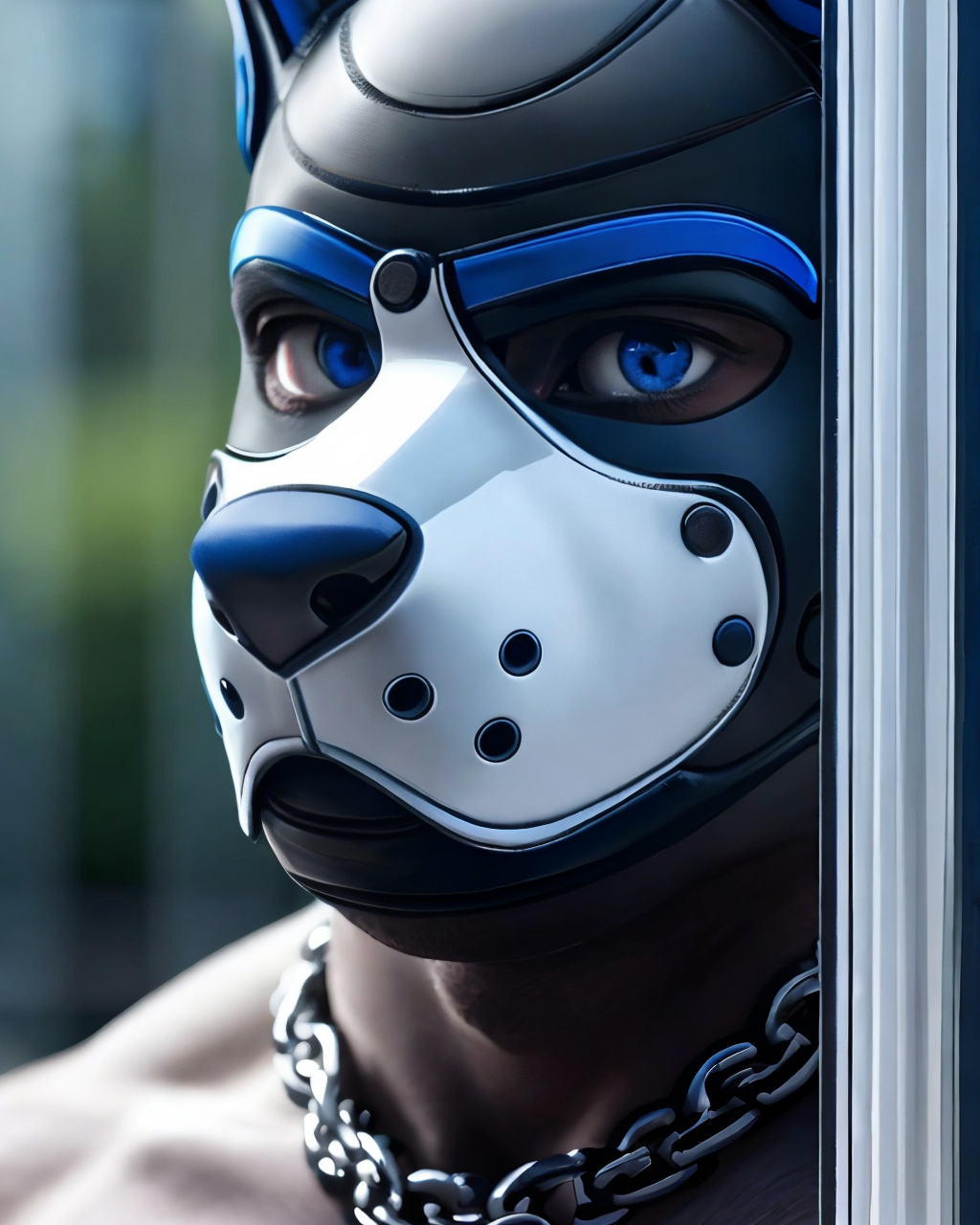 ASCII<lora:Pup_mask_jock:0.7> photo of a man, pup mask, blue eyes, eyes, necklace, window background, close up portrait, high detail, realistic, high detail, 8k, (Masterpiece, high quality:1.3), masterpiece, depth of field, bokeh, detailed, homoerotic, (homoerotic), highly detailed, sharp focus, intricate, smooth, elegant, fantasy, cinematic lighting, cinematic, masterpiece, matte, photorealistic, 4k, beautiful, volumetric lighting, dramatic,