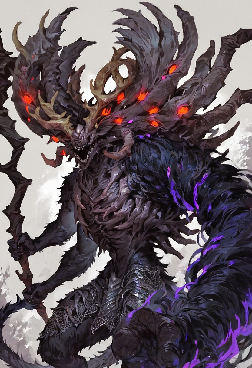 (score_9, score_8_up, score_7_up, score_6_up, score_5_up, score_4_up), high quality,  Manus_Dark Souls, monster, demon, black fur, red eyes, glowing eyes, multiples eyes, horns, antlers, spikes, massive left arm, tail, staff, BREAK, dark background, purple mist, purple glow,