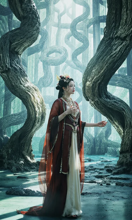 Top Atmosphere Photography Works, extremely realistic, Art by Zhang Jing,
An enormous labyrinth of glass stretches into the horizon, its walls shifting and twisting like liquid. The sun refracts through the maze, creating impossible illusions.
A lone (girl/female immortal, jewelry, earrings, red lips, long sleeves, hair bun, shawl, ribbon, Phoenix Crown, Biyao, Jade Ornaments, Floral Ornaments, armor, Hair Pin, Hair Comb, Golden Forehead Ornament, Beaded Strands, feathers clothes, cleavage, huge chest) steps inside, unaware that the reflections are watching her and they are not all friendly,
(photorealistic:1.5), (Extremely realistic, masterpiece, top quality, official art, best quality, beautiful and aesthetic:1.2), 4k, 8k, very rich details, 24bit colors, vivid colors, cinematic color grading, landscape,