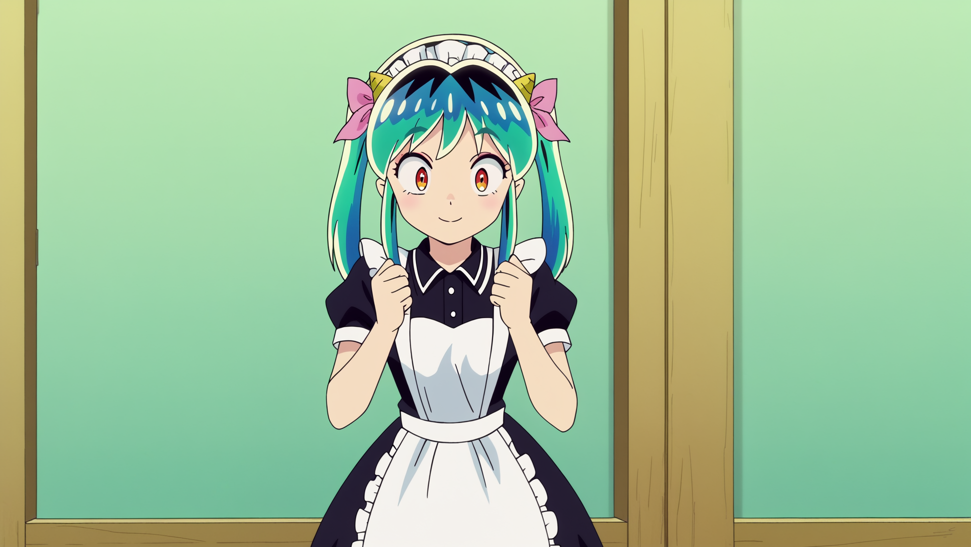 anime screencap,  Abandoned carnival with faded attractions and eerie silence, BREAK anime screencap,  Fantasy Maid Dress, Lum, light smile, oni horns, Leaning against a wall with legs slightly apart,  <lora:Private_Urusei_Yatsura_2022_-Lum-_PDXL_v2:0.8>
