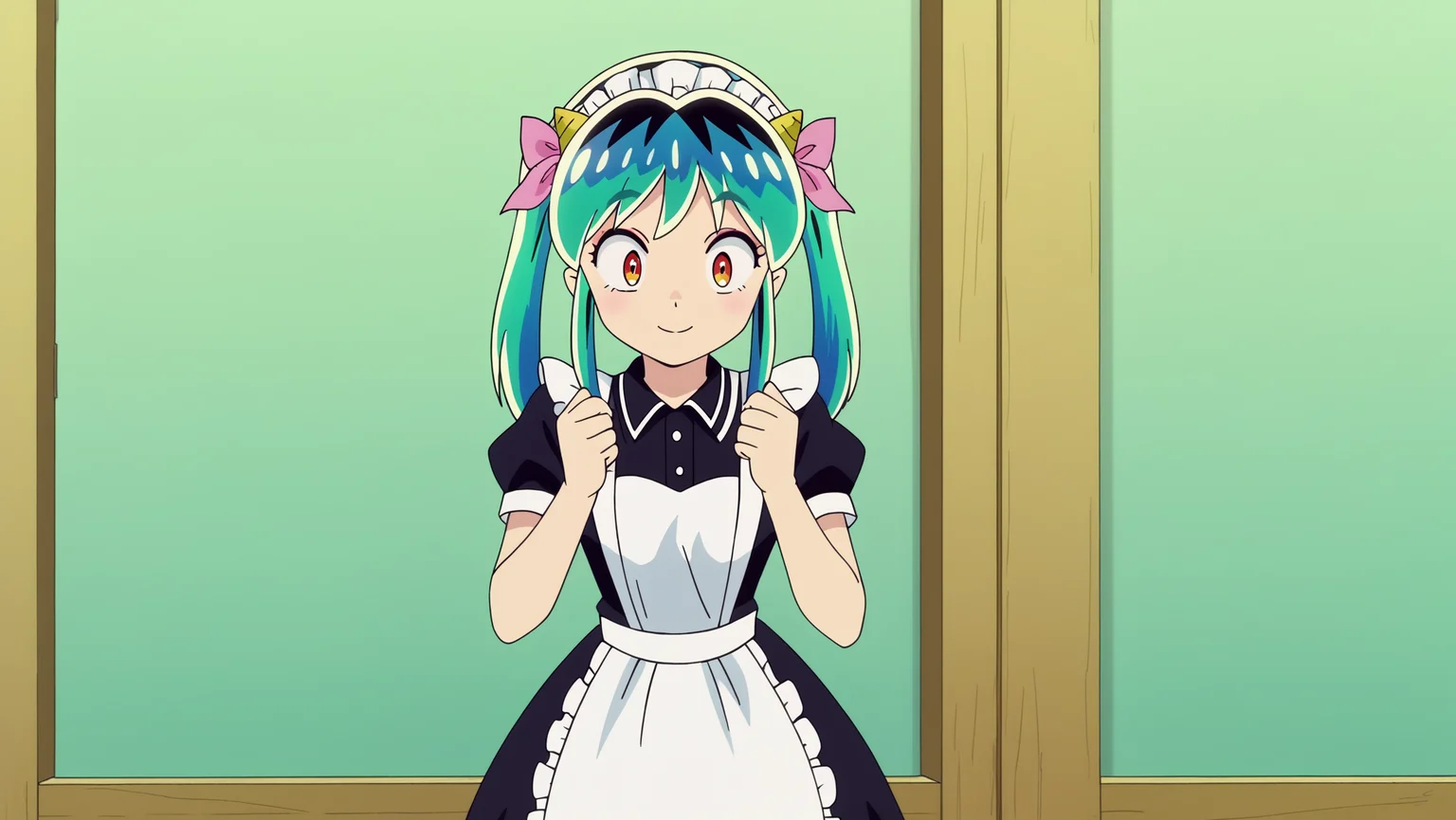 anime screencap, Abandoned carnival with faded attractions and eerie silence, BREAK anime screencap, Fantasy Maid Dress, Lum, light smile, oni horns, Leaning against a wall with legs slightly apart, <lora:Private_Urusei_Yatsura_2022_-Lum-_PDXL_v2:0.8>