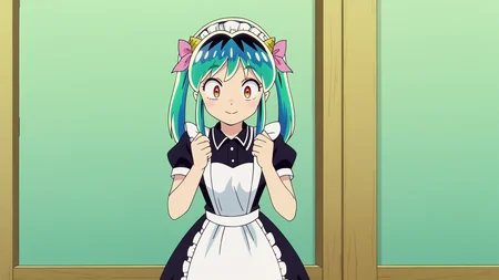 anime screencap, Abandoned carnival with faded attractions and eerie silence, BREAK anime screencap, Fantasy Maid Dress, Lum, light smile, oni horns, Leaning against a wall with legs slightly apart, <lora:Private_Urusei_Yatsura_2022_-Lum-_PDXL_v2:0.8>