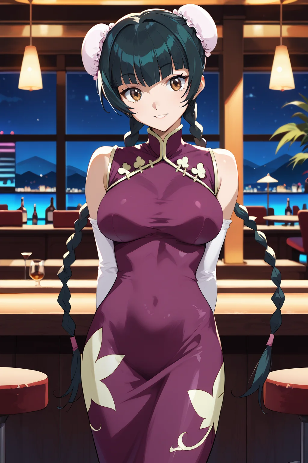 score_9, score_8_up, score_7_up, , score_ANIME, wangliumei, 1girl, solo, bun cover, double bun, china dress, twin braids, dark green hair, cowboy shot, very long hair, brown eyes, standing, smile, pink elbow gloves, sleeveless, purple dress, looking at viewer, large breasts, blunt bangs <lora:wangliumei2_pony:1>, arms behind back, hair behind back, head tilt, night sky, club, indoors, bar, casino,