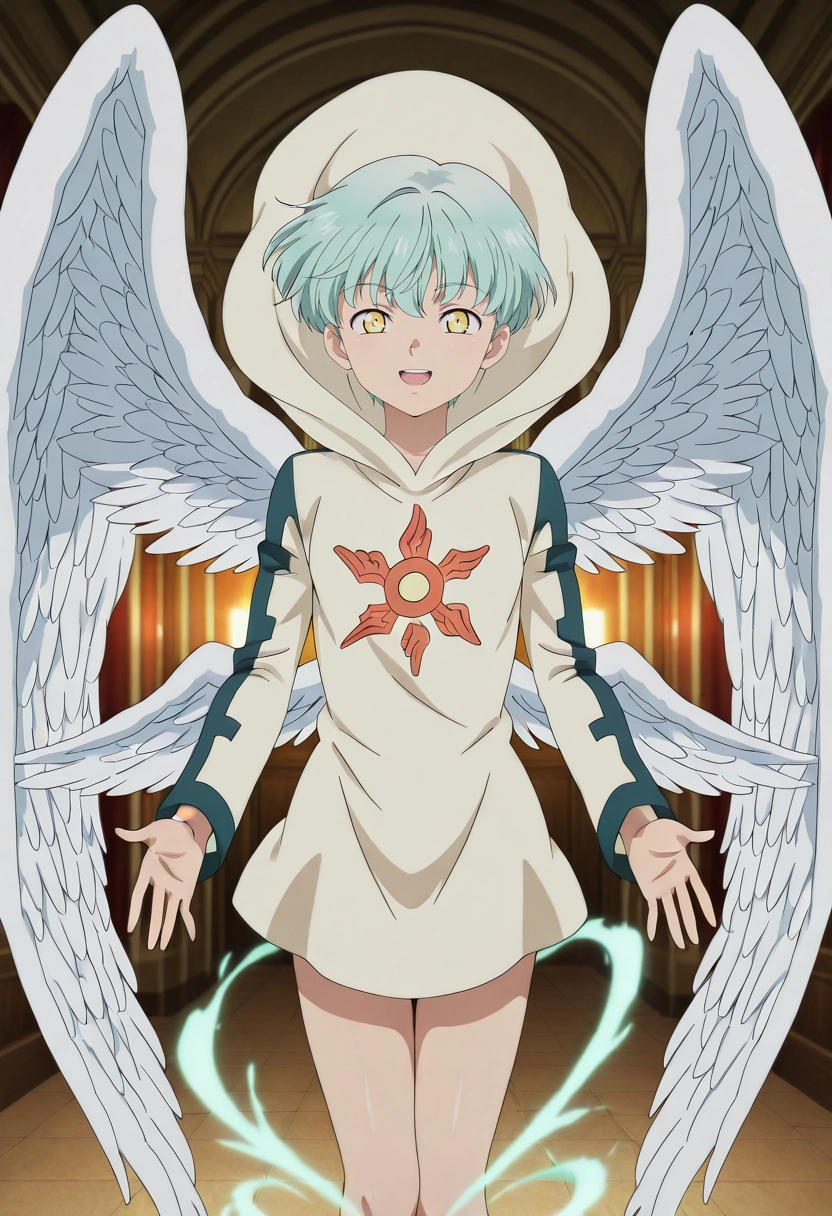 masterpiece, best quality, intricate details, anime screencap, anime coloring, official style, , 1boy, solo, male focus, <lora:sariel_nnt_ilxl:0.96>, sariel_nnt, aqua hair, yellow eyes, short hair, angel wings, feathered wings, hood, symmetry, energy plant, indoors, light, legs together, :D,