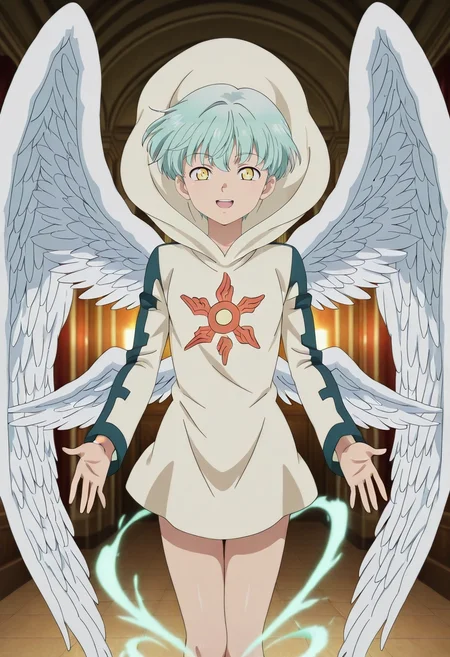 masterpiece, best quality, intricate details, anime screencap, anime coloring, official style, , 1boy, solo, male focus, <lora:sariel_nnt_ilxl:0.96>, sariel_nnt, aqua hair, yellow eyes, short hair, angel wings, feathered wings, hood, symmetry, energy plant, indoors, light, legs together, :D,