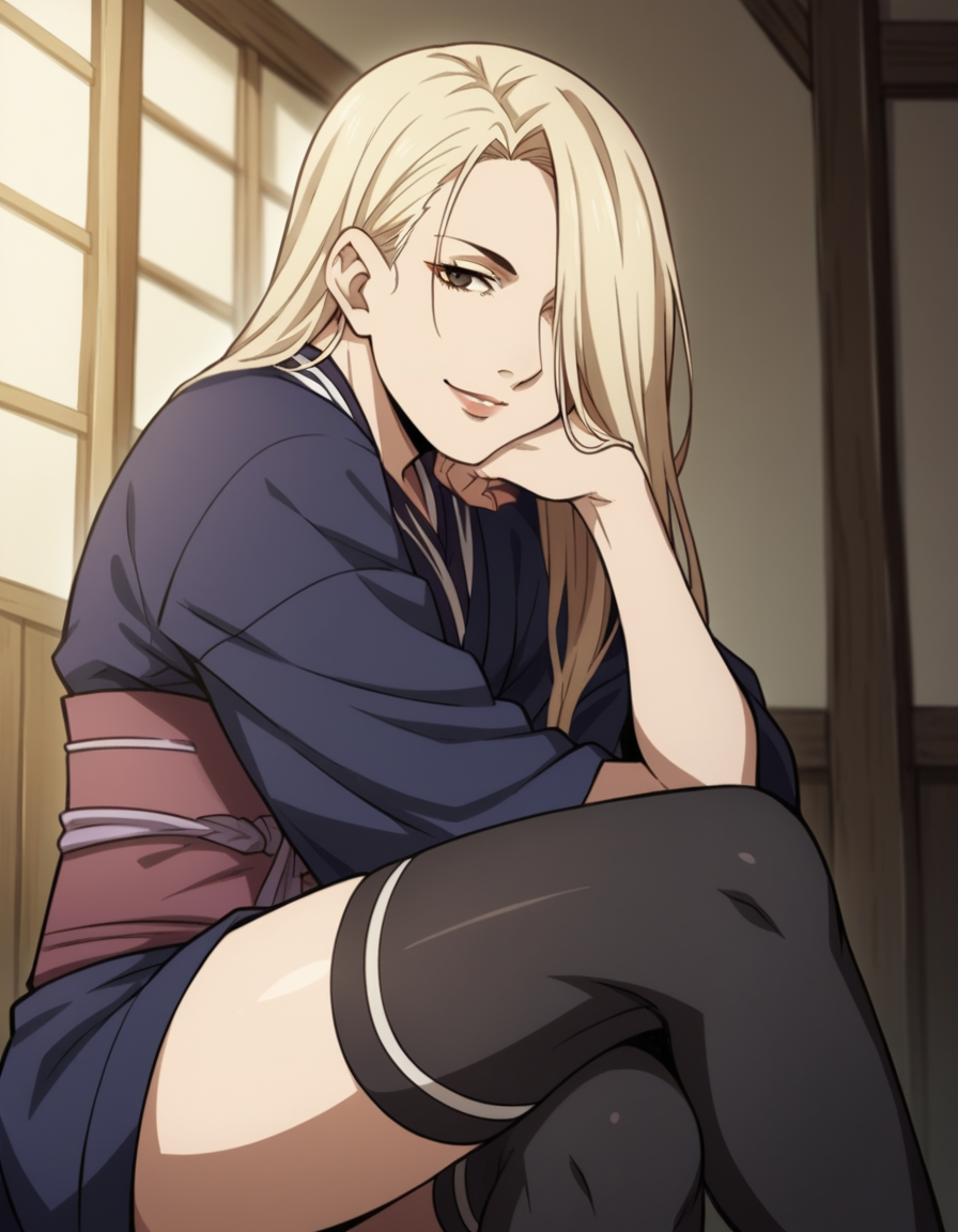 score_9, score_8_up, score_7_up, source_anime, <lora:hyakurin-s1-ponyxl-lora-nochekaiser:1>, hyakurin, long hair, blonde hair, hair over one eye, brown eyes, lips,, thighhighs, japanese clothes, black thighhighs, kimono, sash, indoors, smile, looking at viewer, solo, sitting, head rest,, cowboy shot, dutch angle