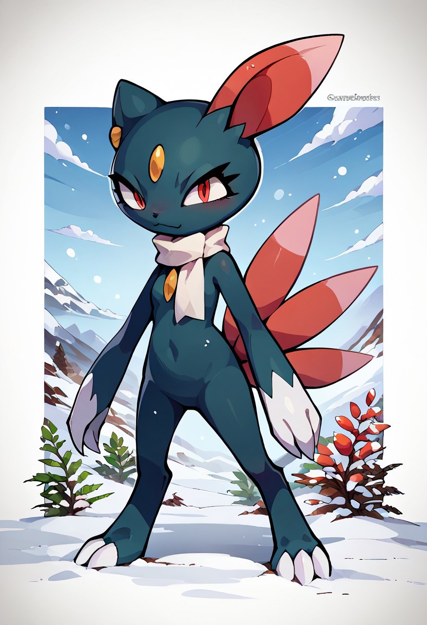 score_9, score_7_up, 
solo, 1girl, sneasel, pokemon \(creature\), furry, red eyes, small breasts, white scarf, earring, 
full body, action pose, 
abstract background, snow, white outline, 
Expressiveh, zzCitronCAT, (innv:0.4),