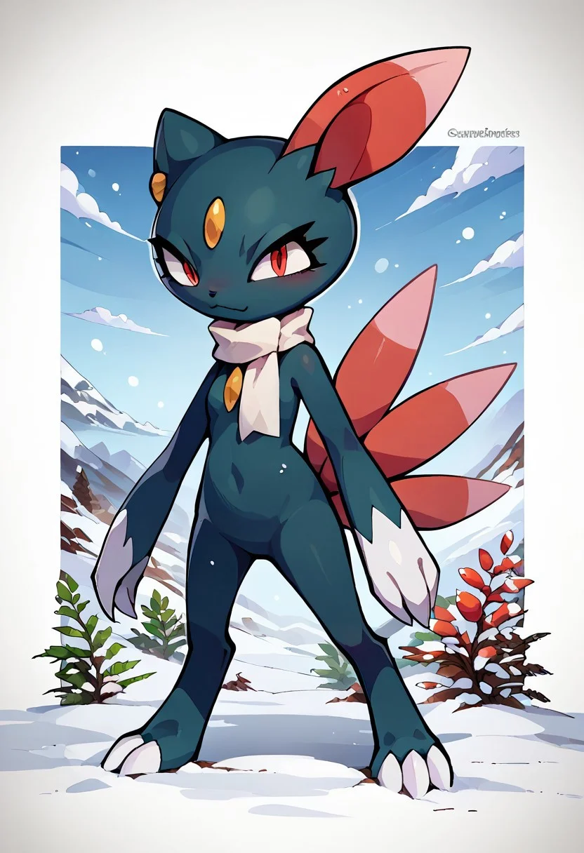 score_9, score_7_up, 
solo, 1girl, sneasel, pokemon \(creature\), furry, red eyes, small breasts, white scarf, earring, 
full body, action pose, 
abstract background, snow, white outline, 
Expressiveh, zzCitronCAT, (innv:0.4),