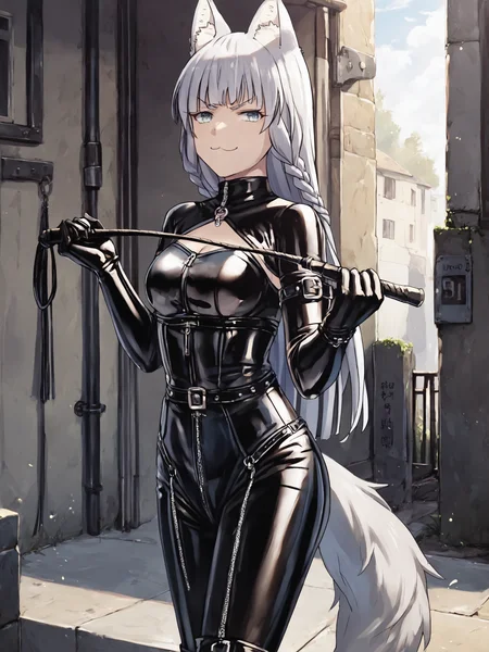 score_9, score_8_up, score_7_up, score_6_up, source_anime, rating_explicit, masterpiece, best quality, BREAK, 1girl, <lora:Shigure_PDXLv1:0.8> shigure \(kemono michi\), wolf girl, adult, heavy bottom, fit body, dominatrix, latex outfit, latex heel boots, whip on hand, bodysuit, (fully clothed), standing, posing lewdly, playfull, smug face, dominant, clothed,