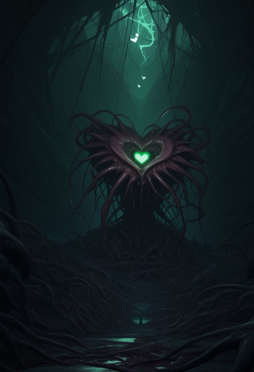 AMAZING QUALITY, MASTERPIECE, W1CK3D, SCENERY, CORRUPTED LANDSCAPE, NIGHTMARE, ELDRITCH, FLESH, GREEN THEME, GLOWING LIGHTS, HEART
