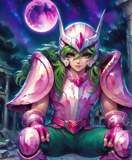 masterpiece, best quality, amazing quality, rdf02 ,ANDROMESHUN, ANDRSHUNV1, 1boy, solo, slender figure, pink pauldrons, pink two pronged helmet, long wavy green hair, green eyes, full torso armor, pink vambraces, fingerless pink gloves, pink thighhigh greaves, green pants, pink belt, pink boots, chains, on knees, outdoors, night, temple, pillars, ruins, starry sky, purple moon, close-up, straight-on