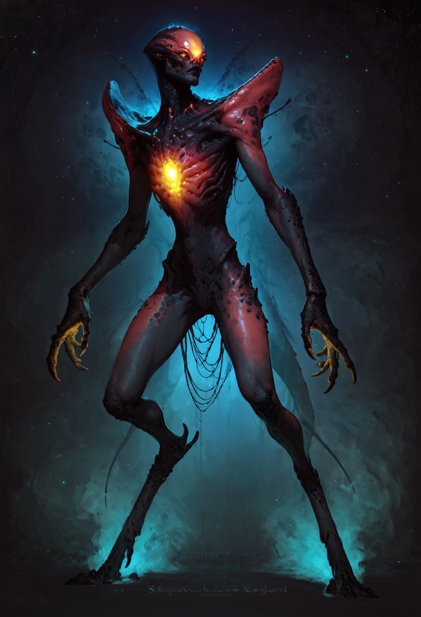 score_9, score_8_up, score_7_up,  alien creature, otherworldly, black scales, thin eyes, red theme, black background, (glowing chest, golden glow:1.1), astral, epic, ethereal, mystical, galactic background, full body  <lora:pony/twilight_style:0.8> concept art, realistic <lora:pony/alien_concept_art:0.8> <lora:sdxl/sinfully_stylish_sdxl> <lora:pony/potat_alienfier:-0.8>